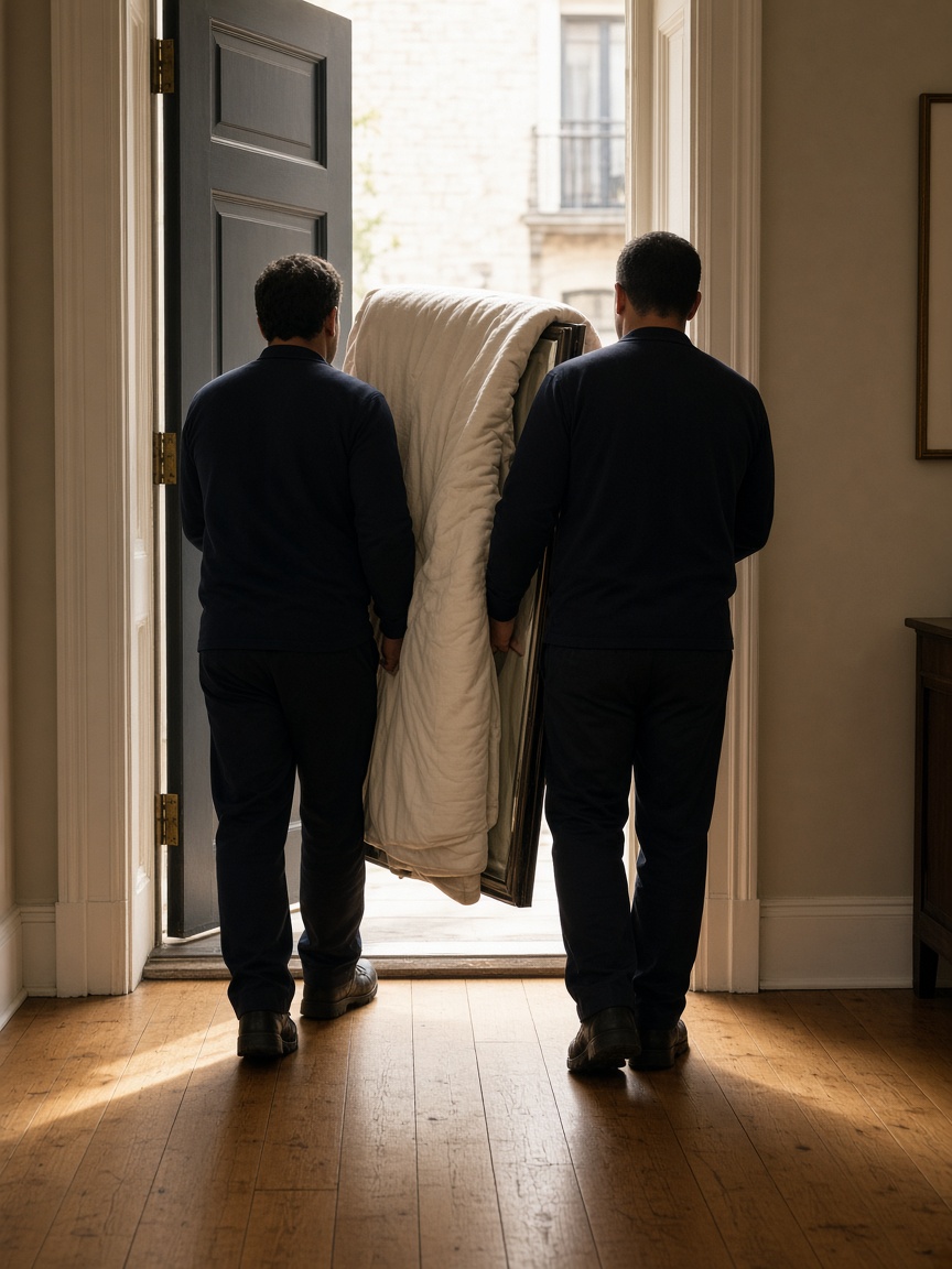Träger bringen ein eingepacktes Möbelstück durch die Wohnungstür